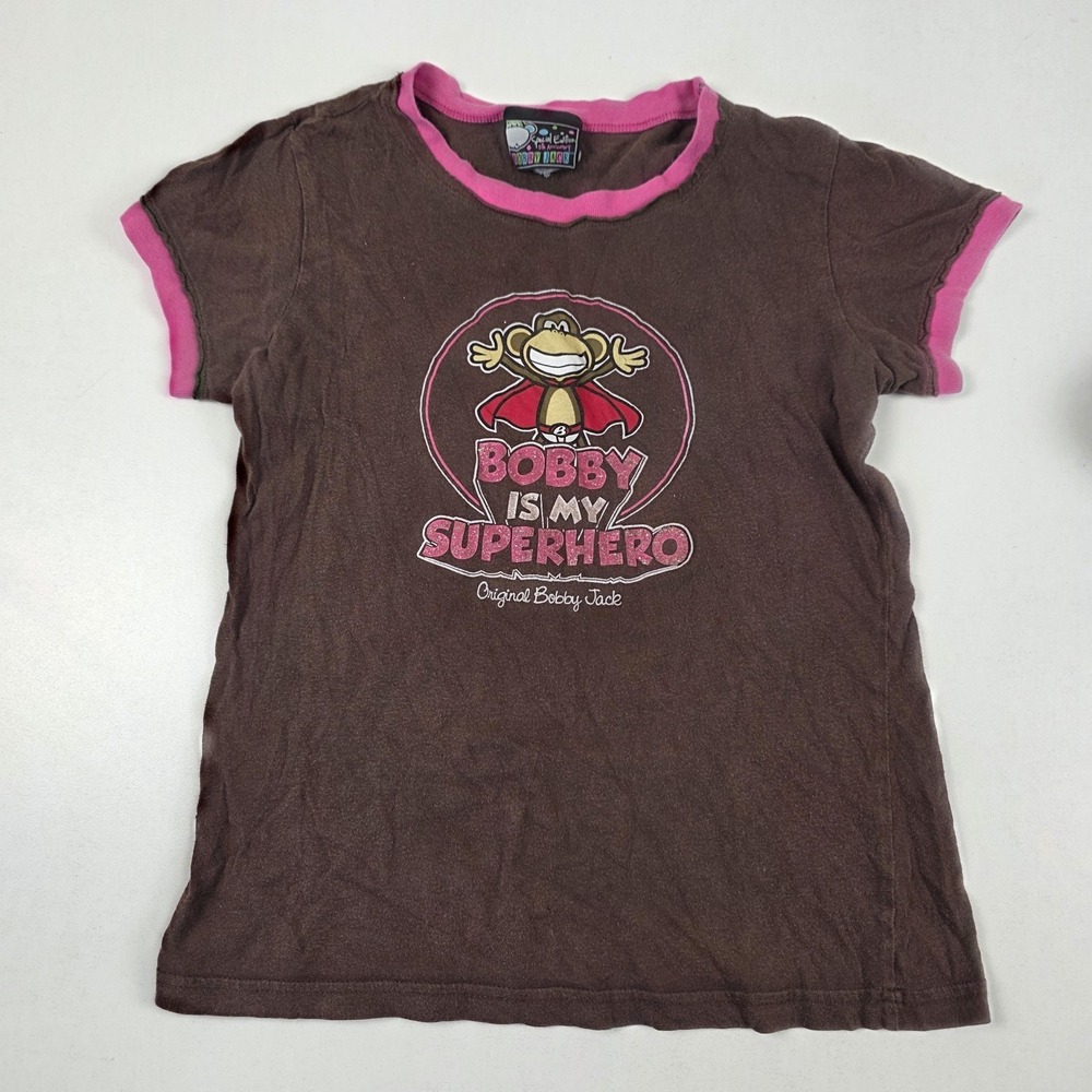 VTG Y2K Bobby Jack XS Shirt Brown Pink Superhero Graphic Monkey Ringer Tee
